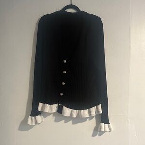 Black Ribbed Button Cardigan with White Ruffle Trim